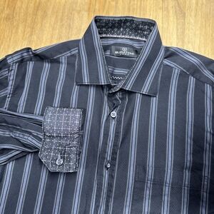 Bugatchi Uomo Long Sleeve Button Down Shirt Mens L Black Stripe Flip Cuff